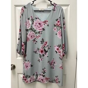 Everly Pink Floral Rose Split Sleeve V-Neck Shift Dress Blue Grey Size M DR8806